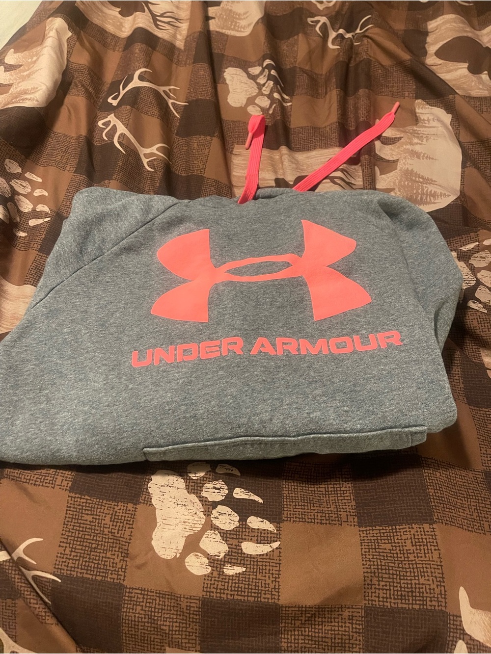 Under Armour Heather Gray Hoodie with Coral Logo and Drawstrings